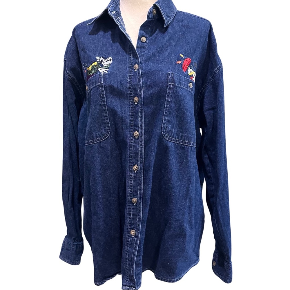 Disney Fall Goofy Mickey Embroidered Denim Button-Up Shirt Vintage M